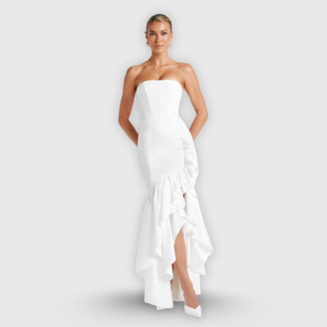 Vanessa | Olkaimeton maxihameelainen mekko volaanit käsityönä valmistettu