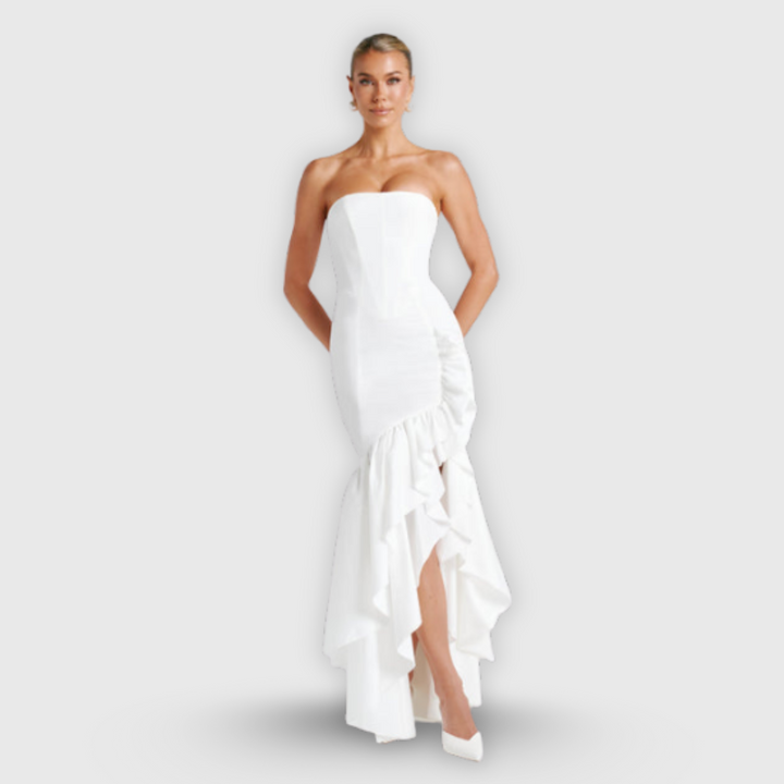 Vanessa | Olkaimeton maxihameelainen mekko volaanit käsityönä valmistettu