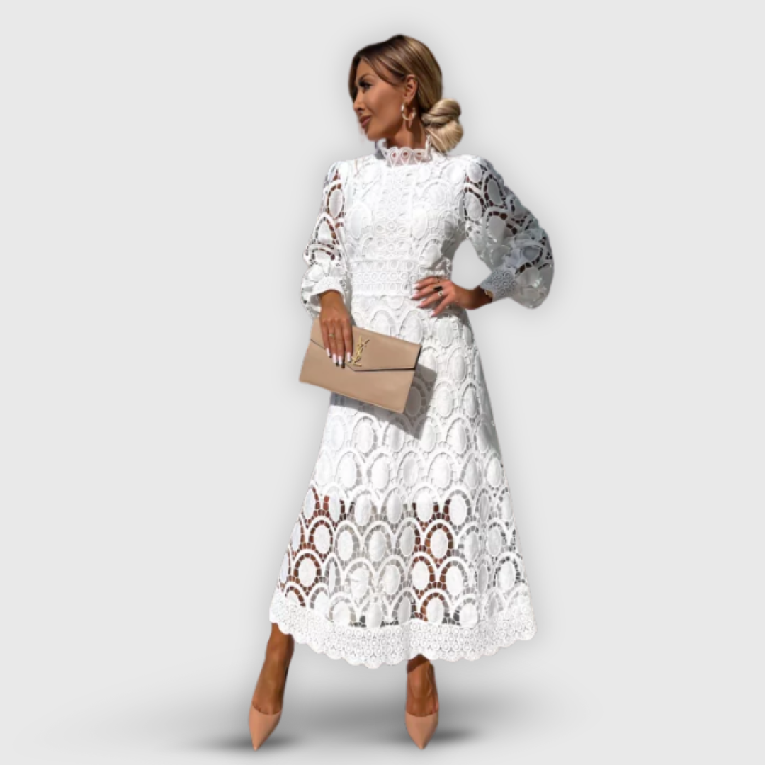 Elena | Tyylikäs midi-mekko pitsikoristeilla