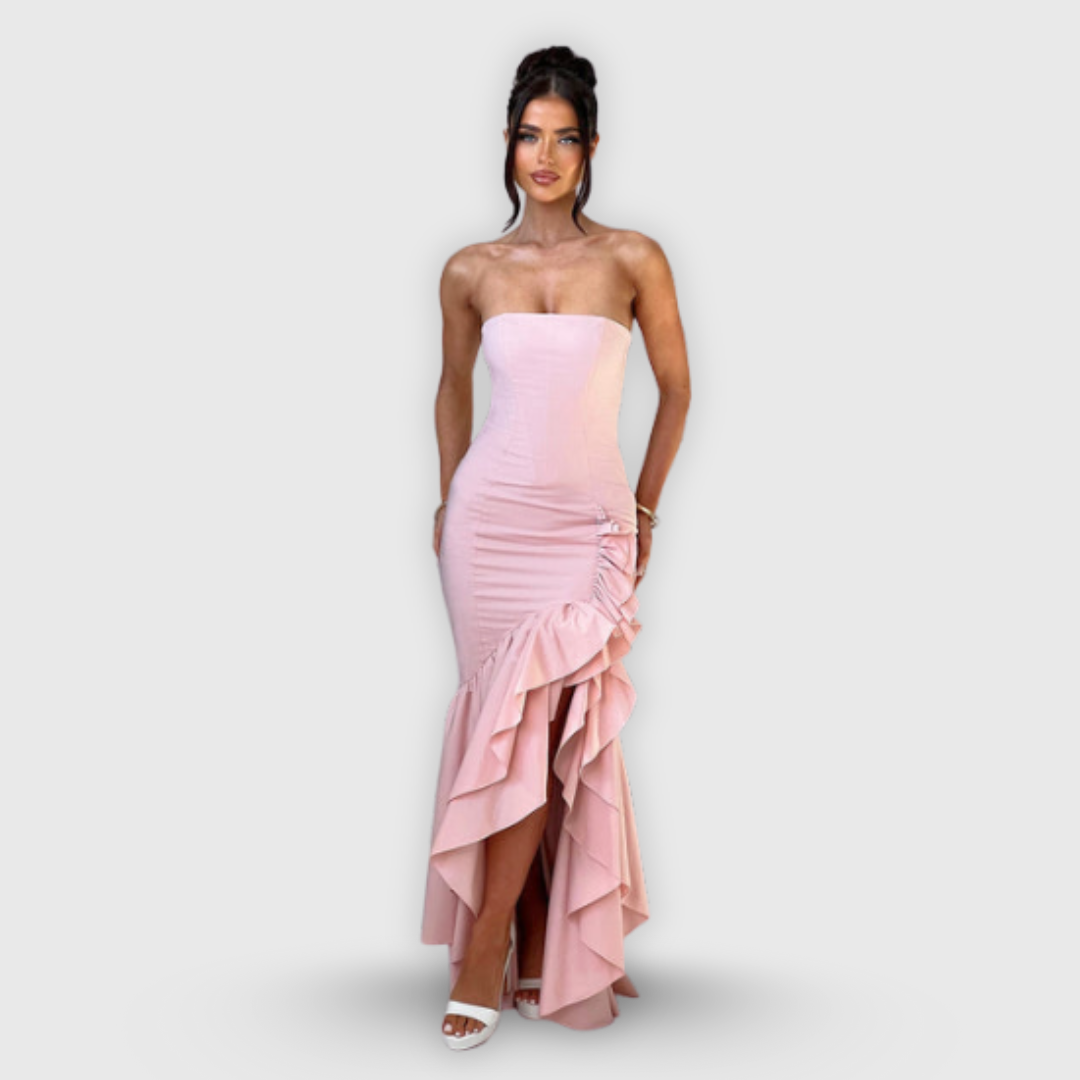 Vanessa | Olkaimeton maxihameelainen mekko volaanit käsityönä valmistettu