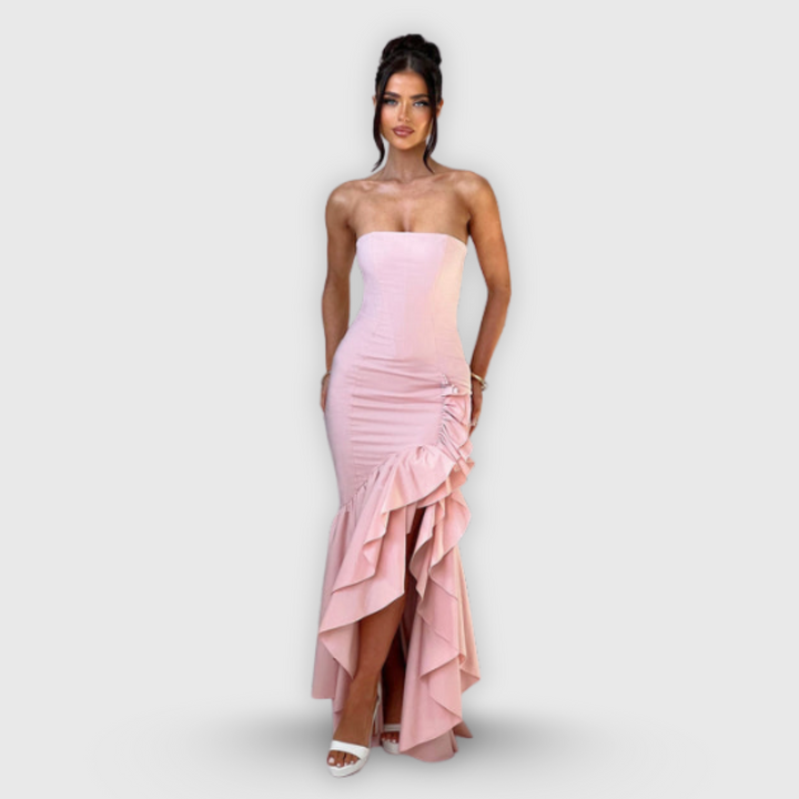 Vanessa | Olkaimeton maxihameelainen mekko volaanit käsityönä valmistettu