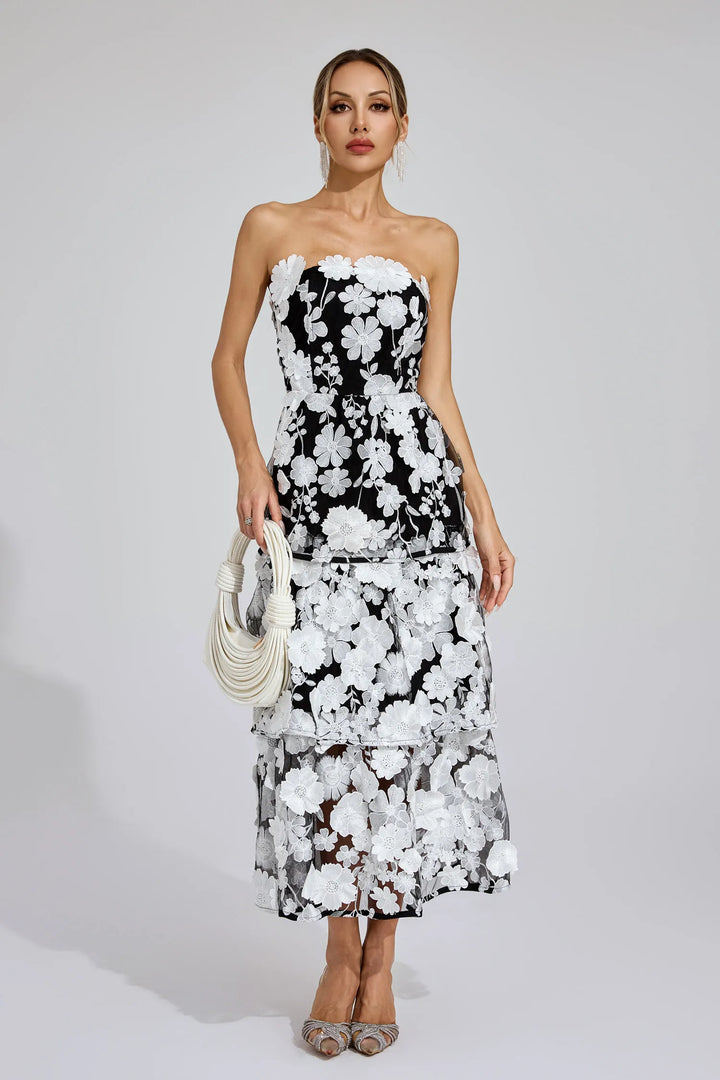 Marzia | Olkaimeton premiummekko kukka-applikoinneilla